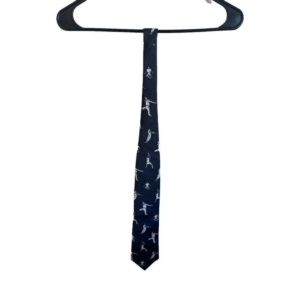 LANDS END Vintage NECK TIE BASEBALL Navy Blue Silk